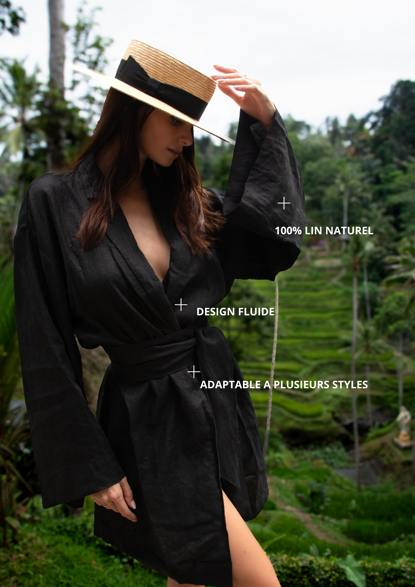 Kimono noir en lin - Fabriqué à Bali